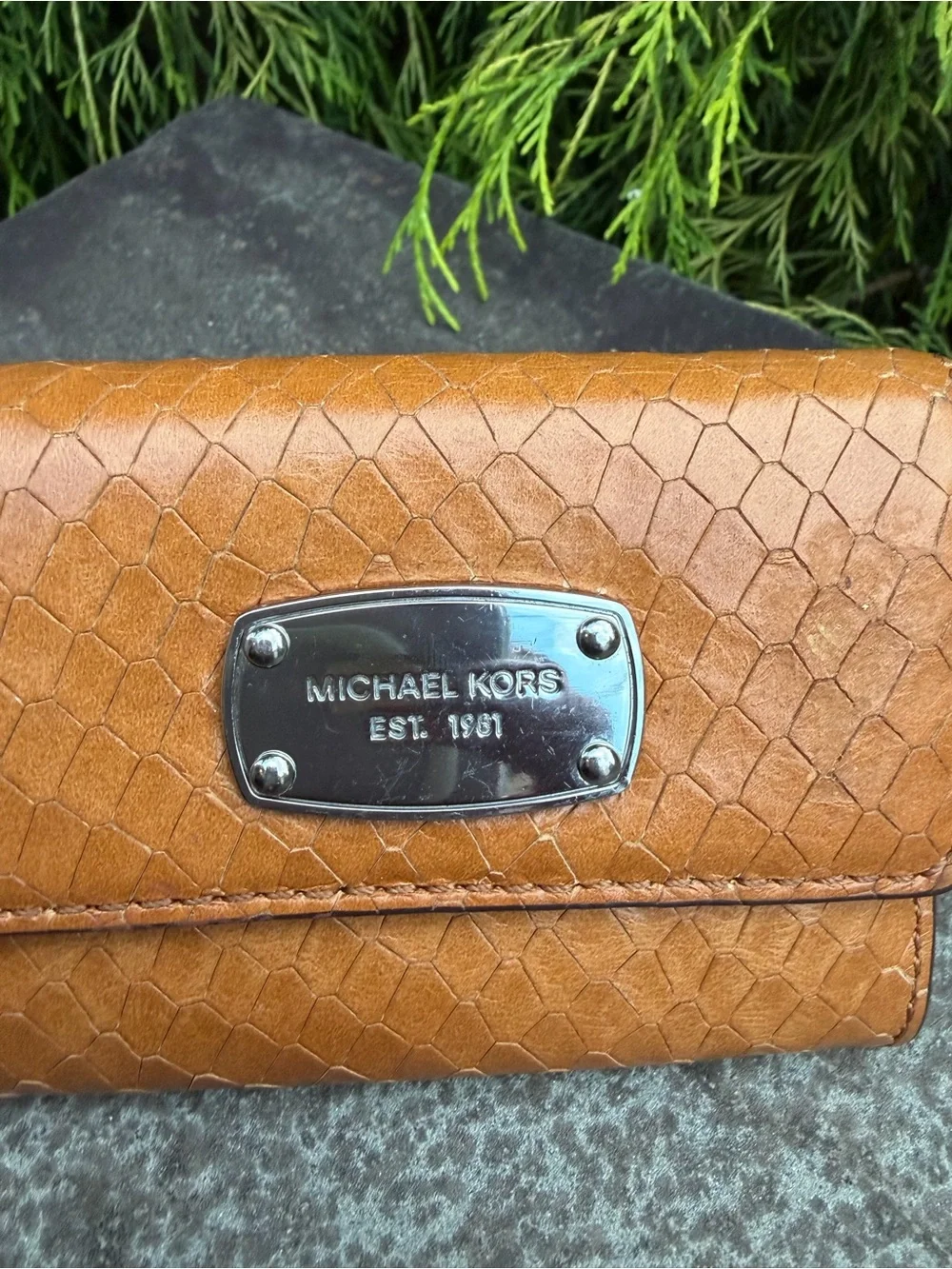 Michael Kors Brown Snake-Embossed Leather Card Case with Key Ring